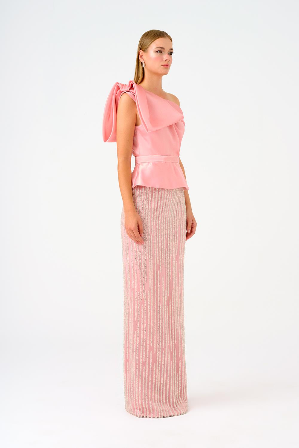 Fiyonk Detaylı Asimetrik Yaka Uzun Abiye Elbise - 9041C