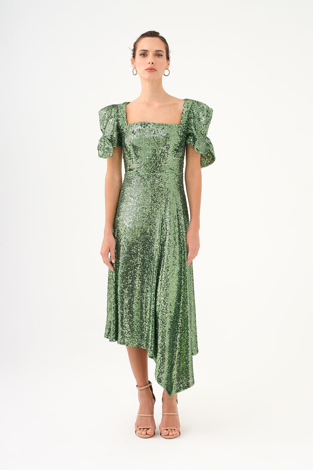 Fiyonk Detaylı Kollu Asimetrik Kesim Payet Midi Abiye Elbise - 9142C