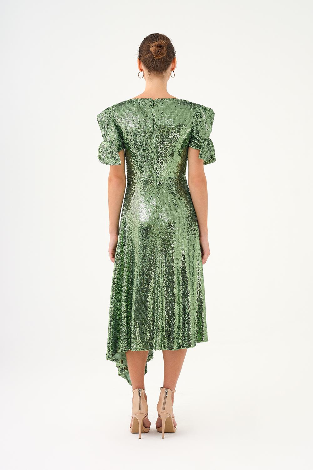 Fiyonk Detaylı Kollu Asimetrik Kesim Payet Midi Abiye Elbise - 9142C