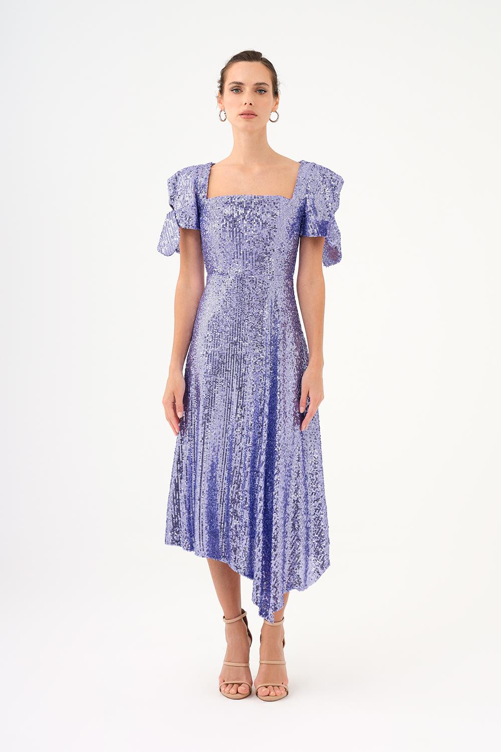 Fiyonk Detaylı Kollu Asimetrik Kesim Payet Midi Abiye Elbise - 9142C