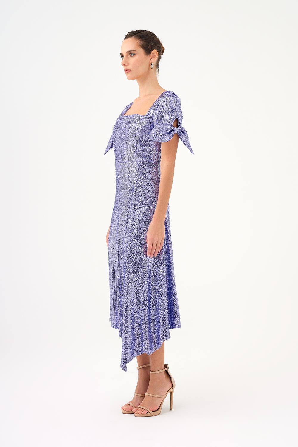 Fiyonk Detaylı Kollu Asimetrik Kesim Payet Midi Abiye Elbise - 9142C