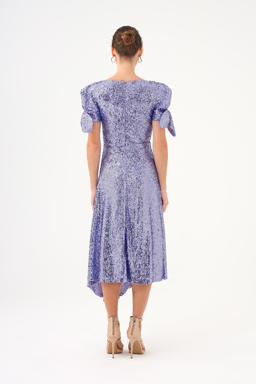 Fiyonk Detaylı Kollu Asimetrik Kesim Payet Midi Abiye Elbise - 9142C