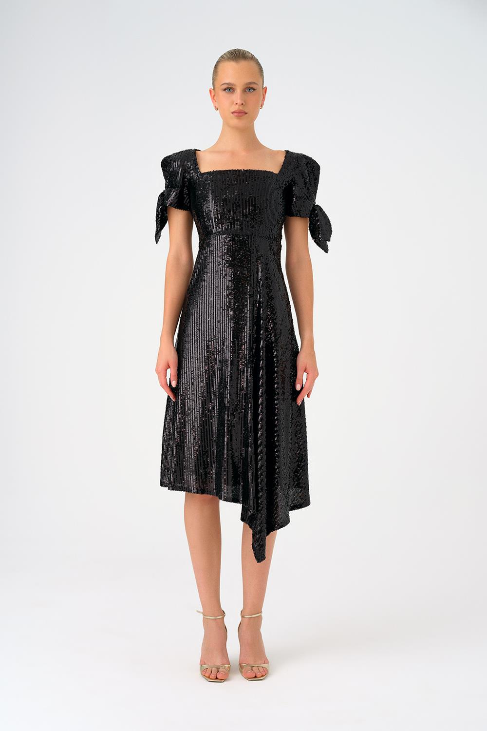 Fiyonk Detaylı Kollu Asimetrik Kesim Payet Midi Abiye Elbise - 9142C