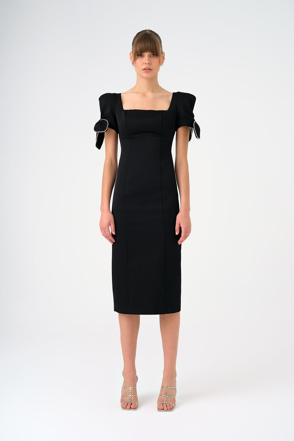 Fiyonk Detaylı Kollu Kare Yaka Midi Abiye Elbise - 9143C