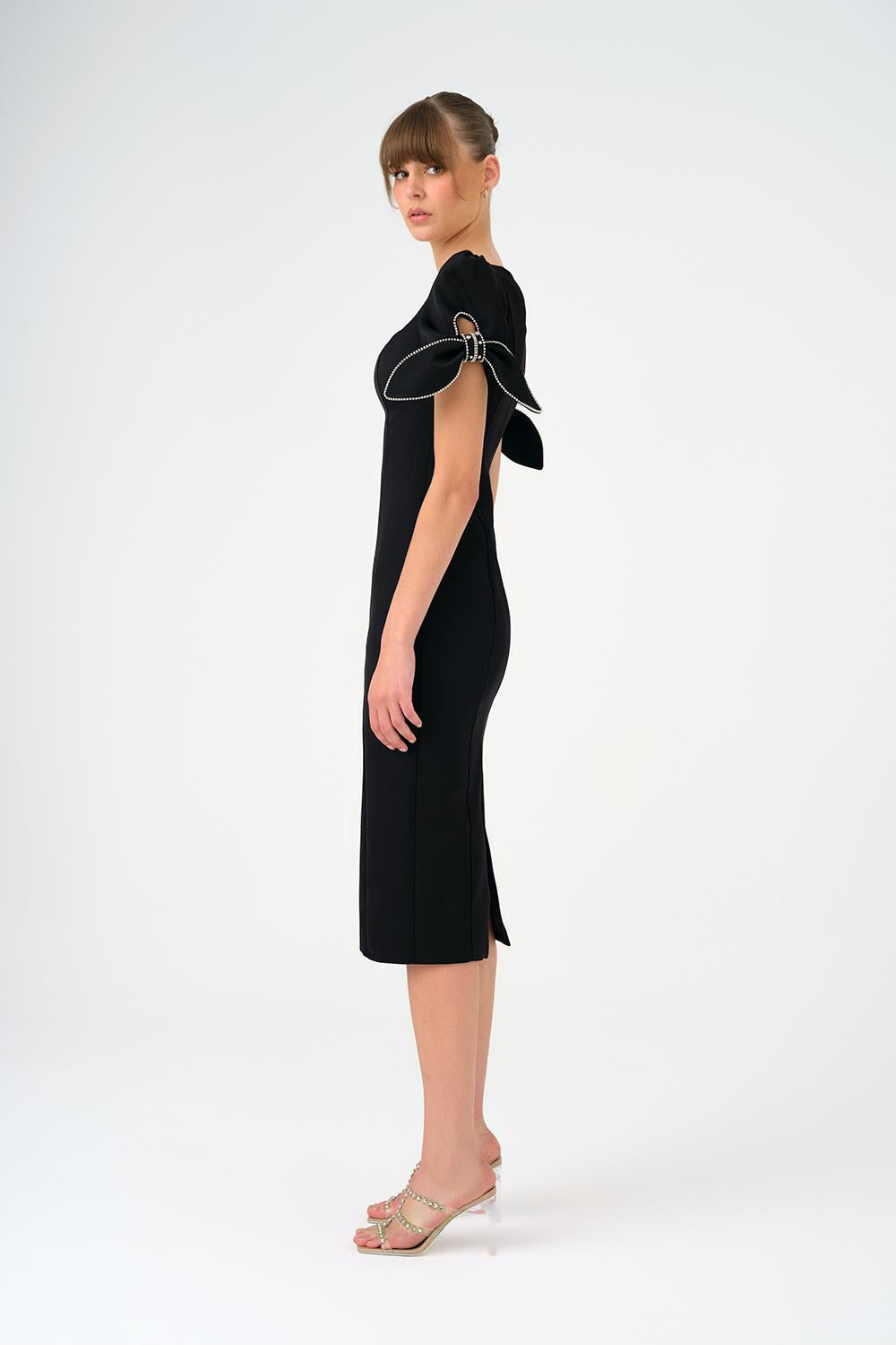 Fiyonk Detaylı Kollu Kare Yaka Midi Abiye Elbise - 9143C