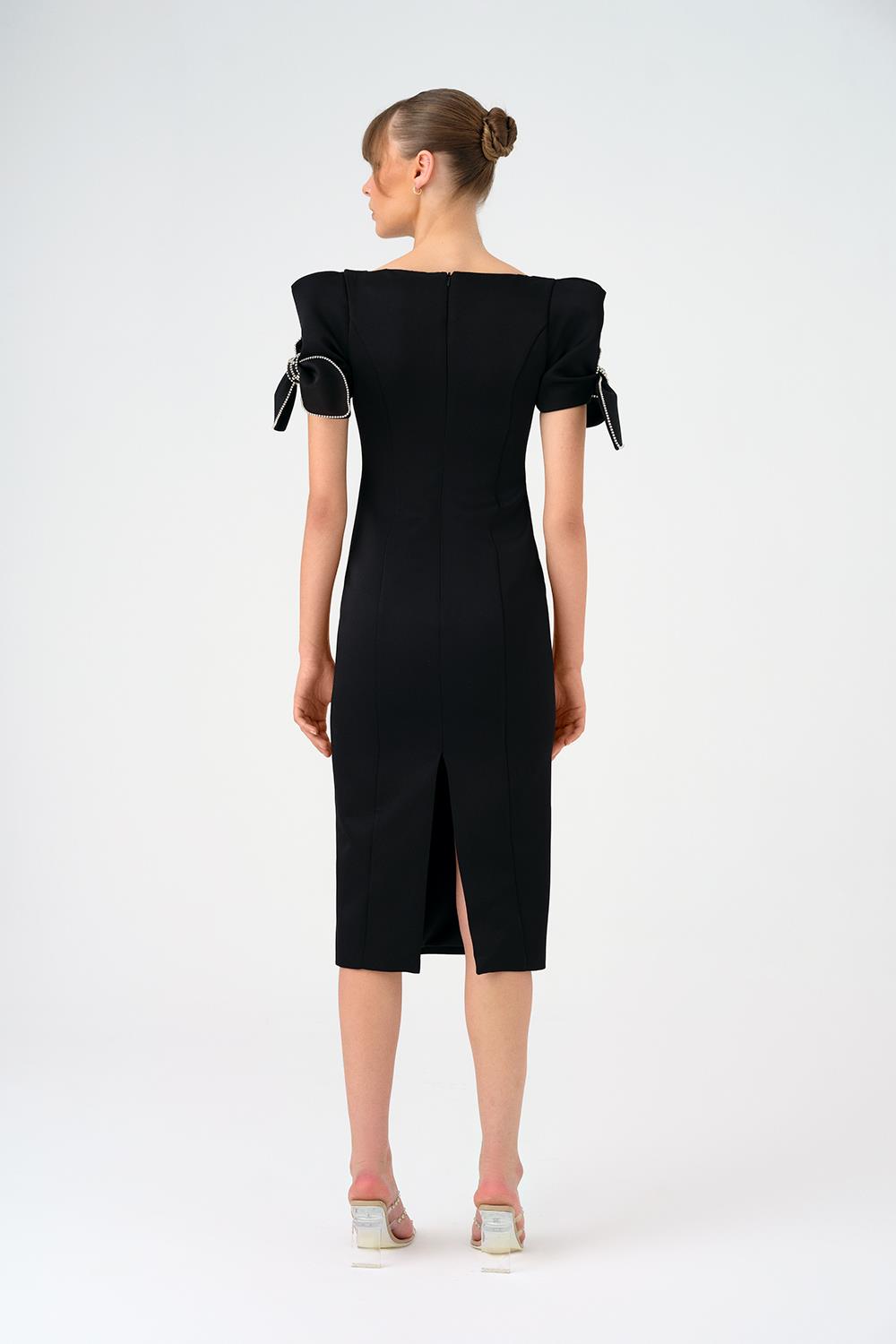 Fiyonk Detaylı Kollu Kare Yaka Midi Abiye Elbise - 9143C