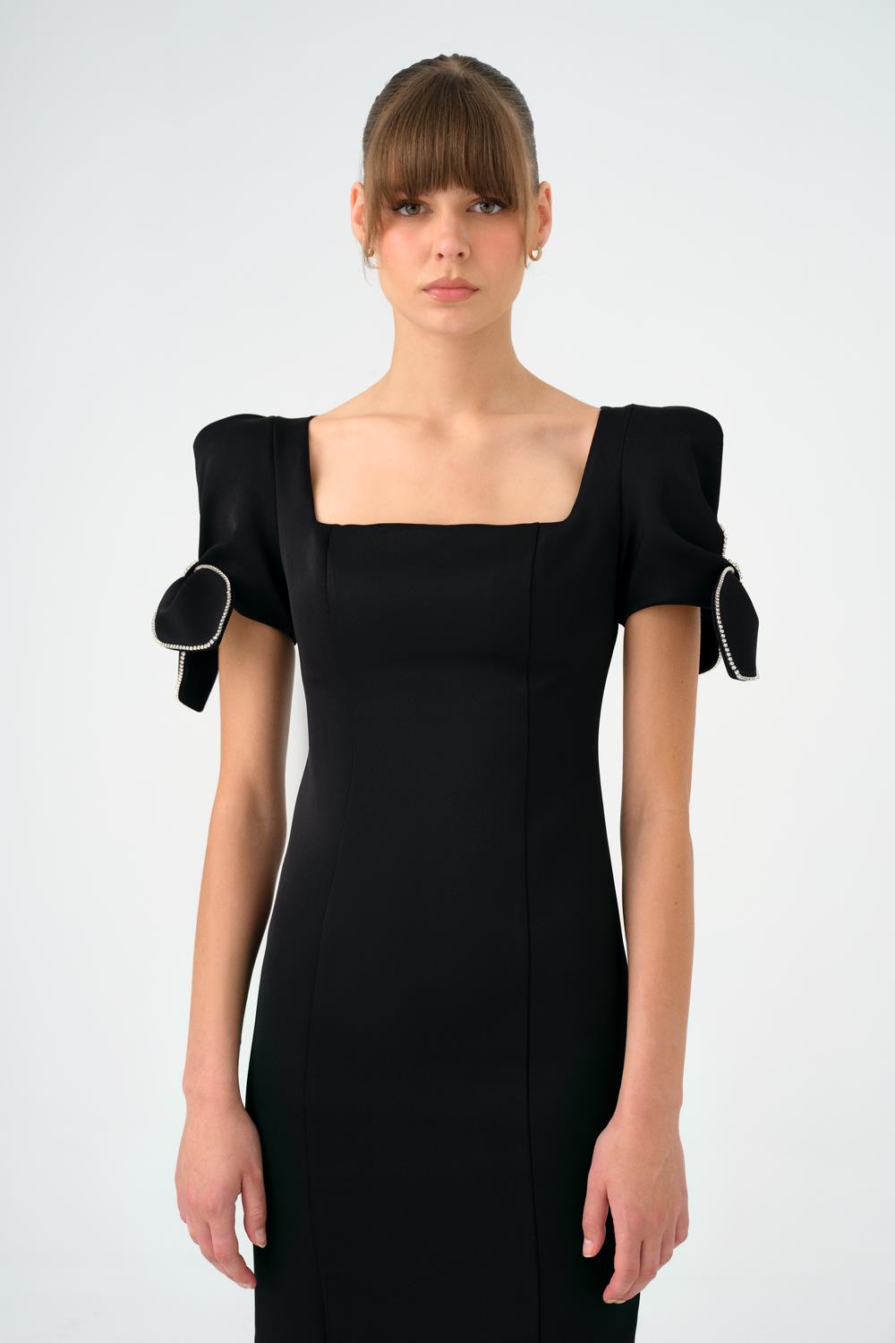 Fiyonk Detaylı Kollu Kare Yaka Midi Abiye Elbise - 9143C