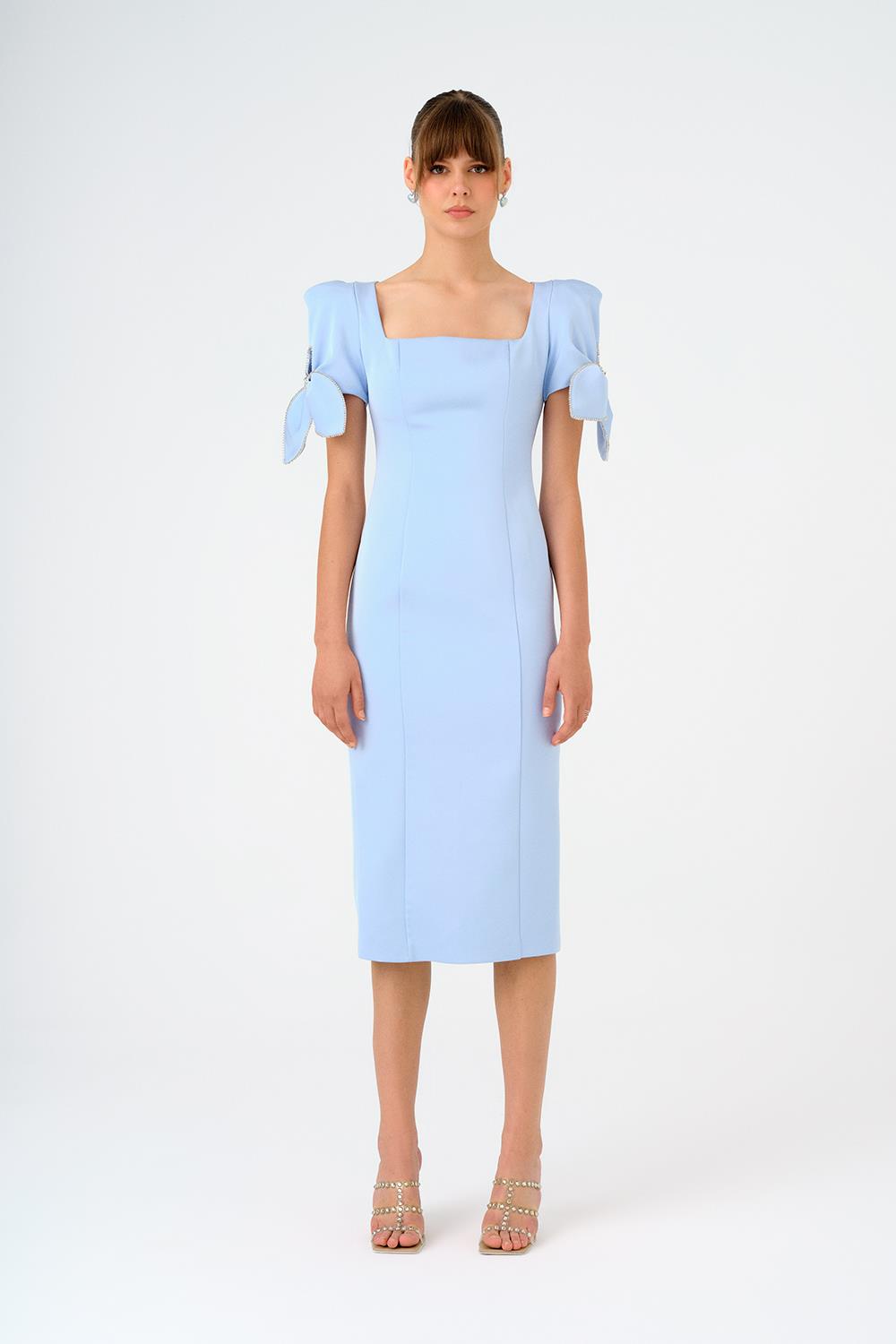 Fiyonk Detaylı Kollu Kare Yaka Midi Abiye Elbise - 9143C