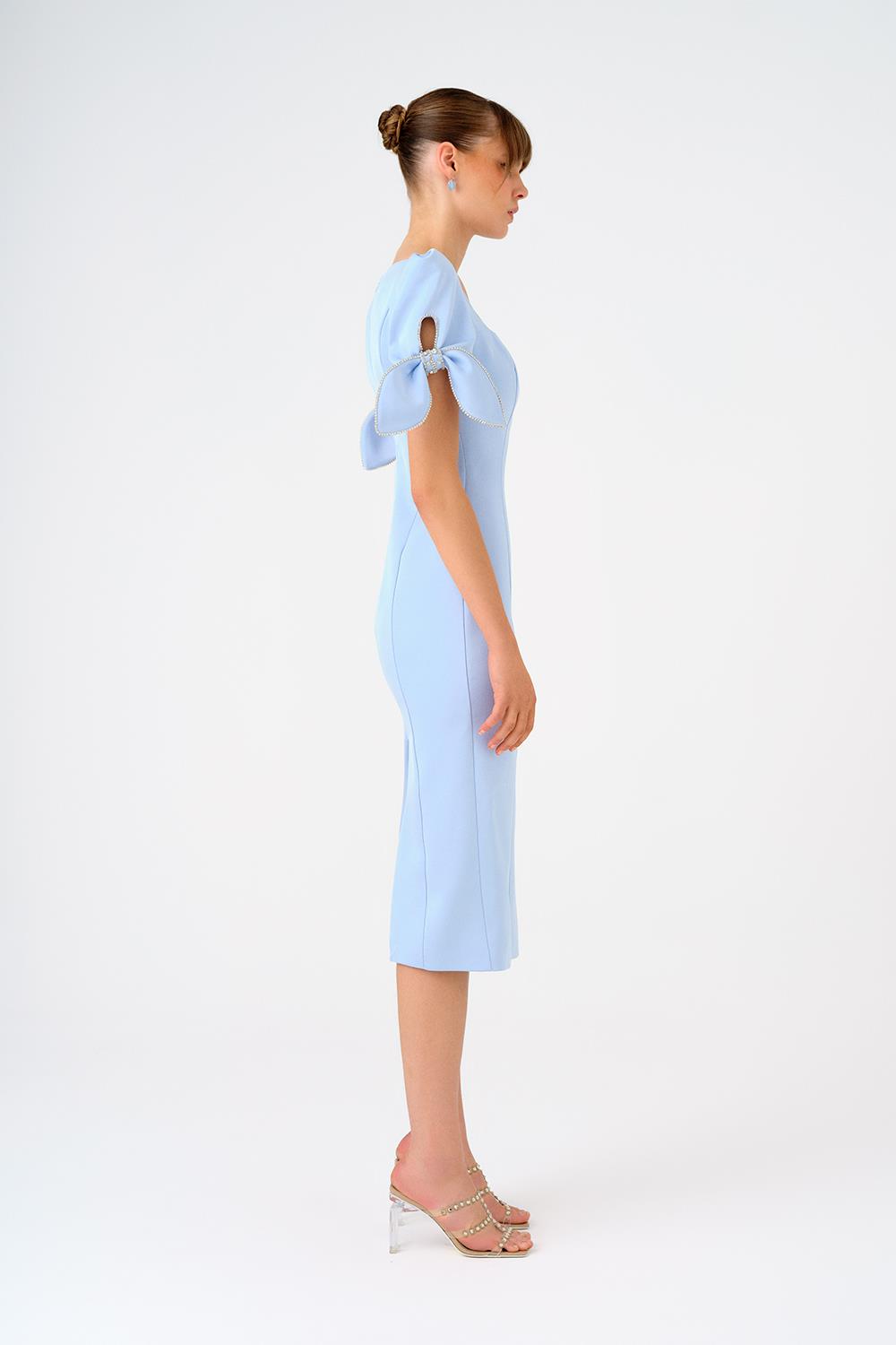 Fiyonk Detaylı Kollu Kare Yaka Midi Abiye Elbise - 9143C