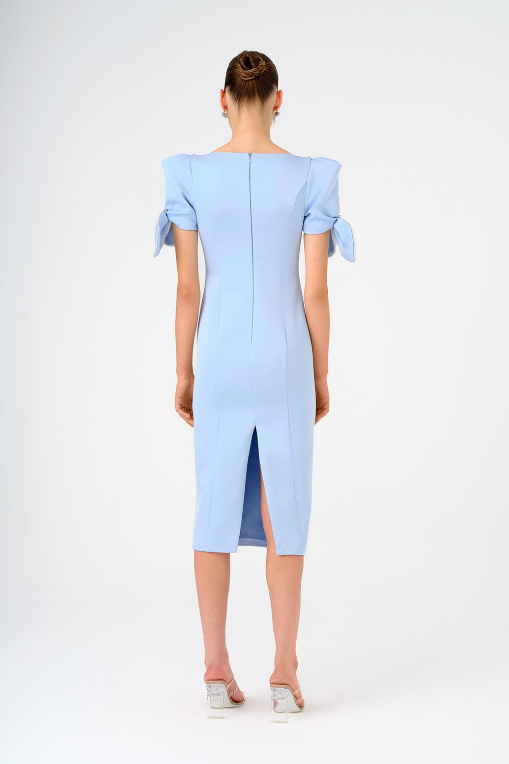 Fiyonk Detaylı Kollu Kare Yaka Midi Abiye Elbise - 9143C