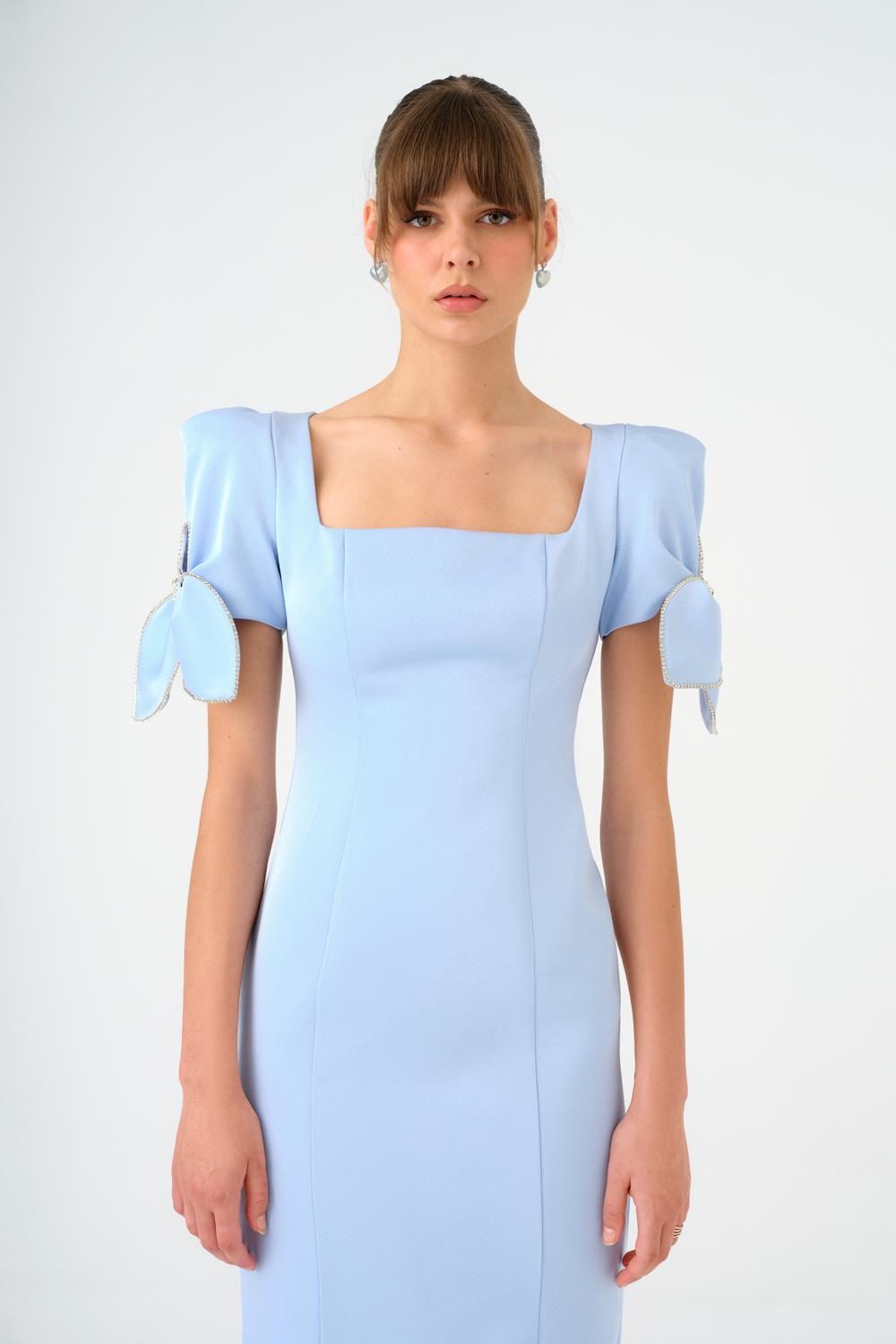 Fiyonk Detaylı Kollu Kare Yaka Midi Abiye Elbise - 9143C