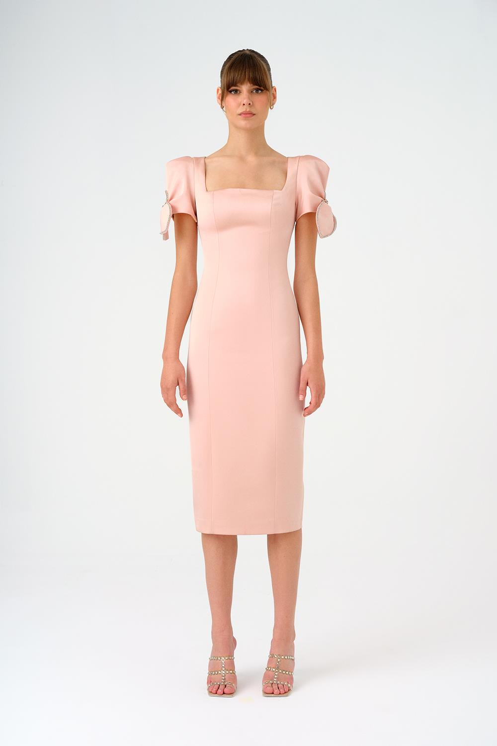 Fiyonk Detaylı Kollu Kare Yaka Midi Abiye Elbise - 9143C