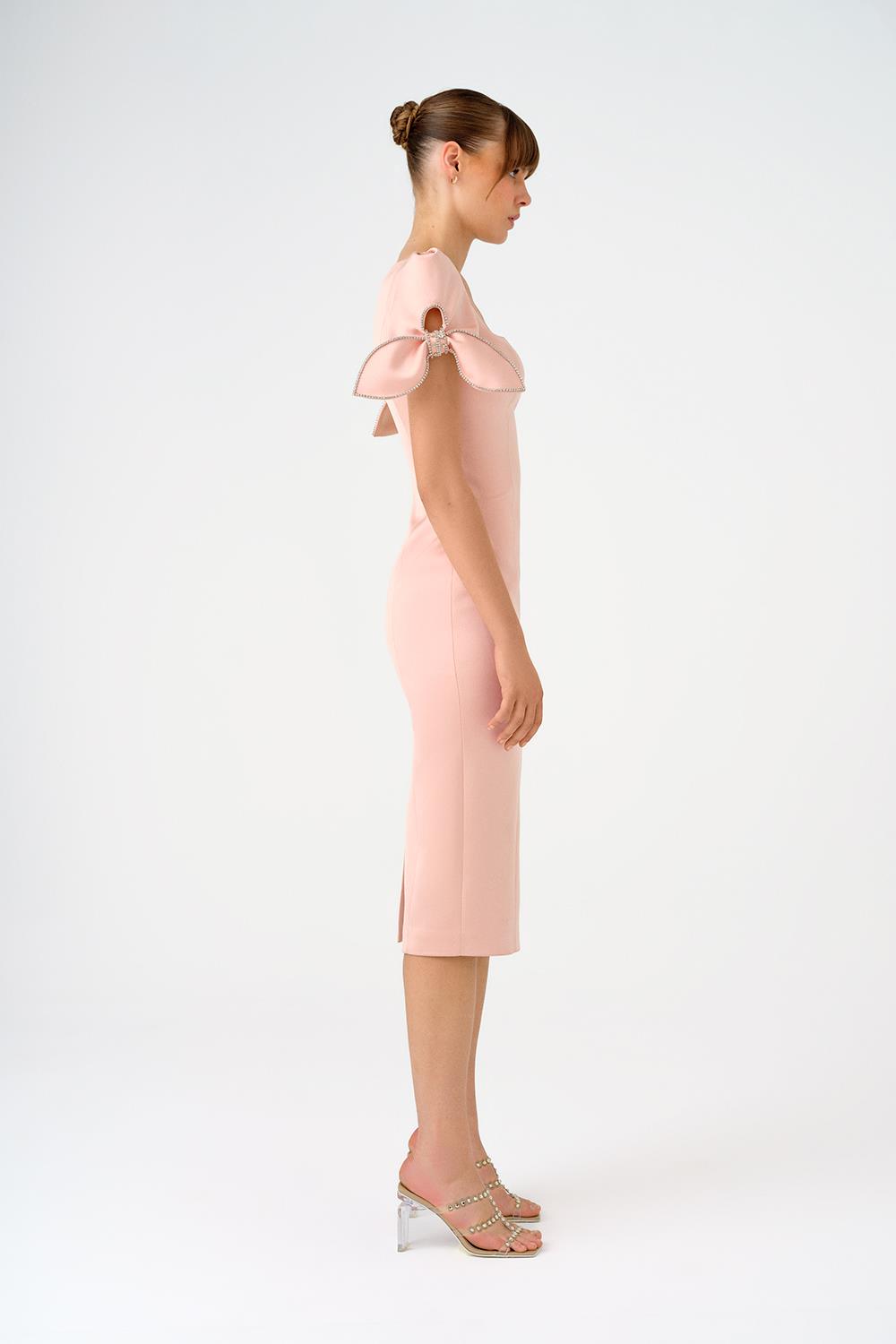 Fiyonk Detaylı Kollu Kare Yaka Midi Abiye Elbise - 9143C