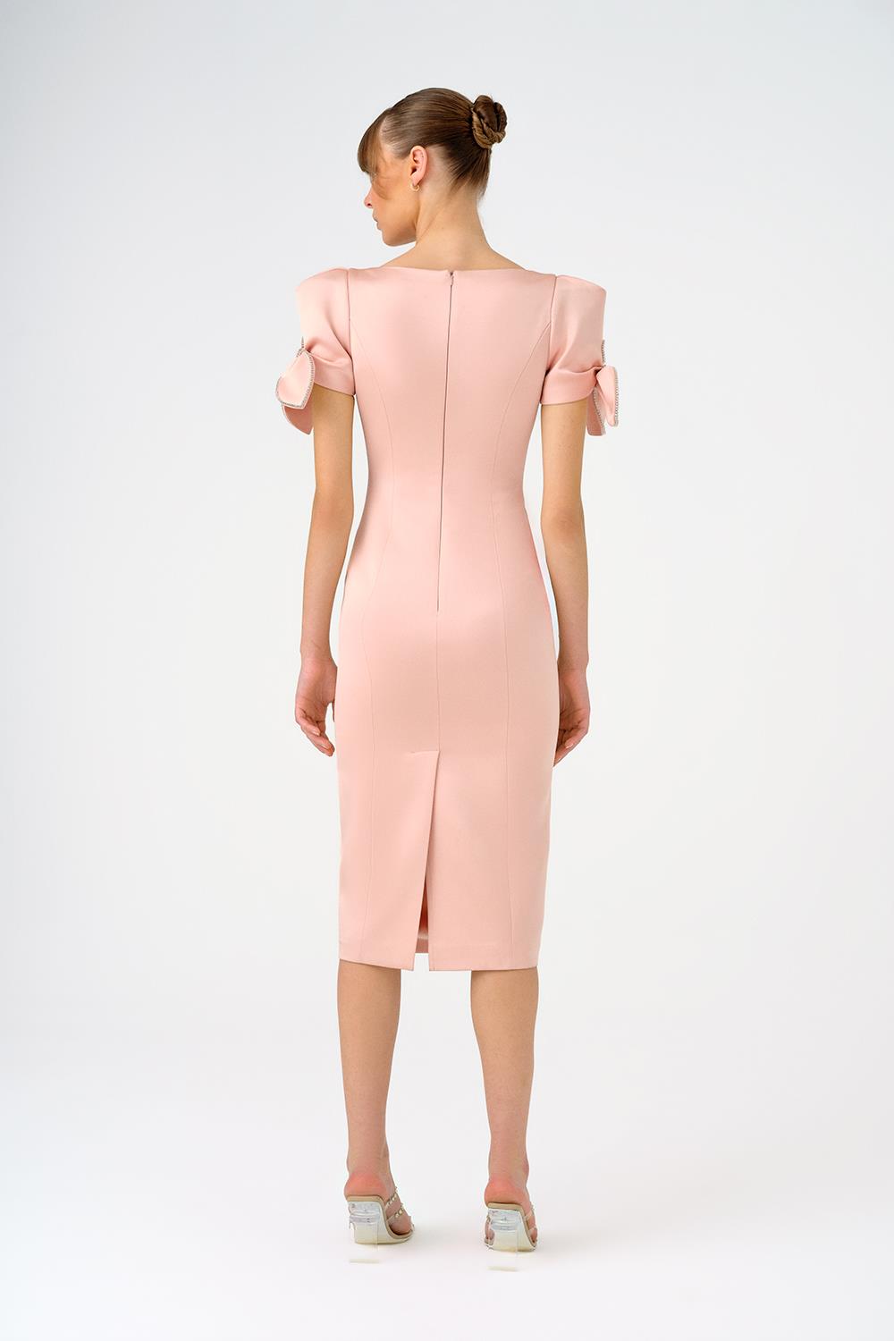 Fiyonk Detaylı Kollu Kare Yaka Midi Abiye Elbise - 9143C