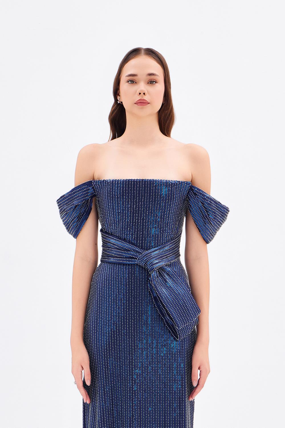 Fiyonk Detaylı Payetli Uzun Abiye Elbise - 9055C