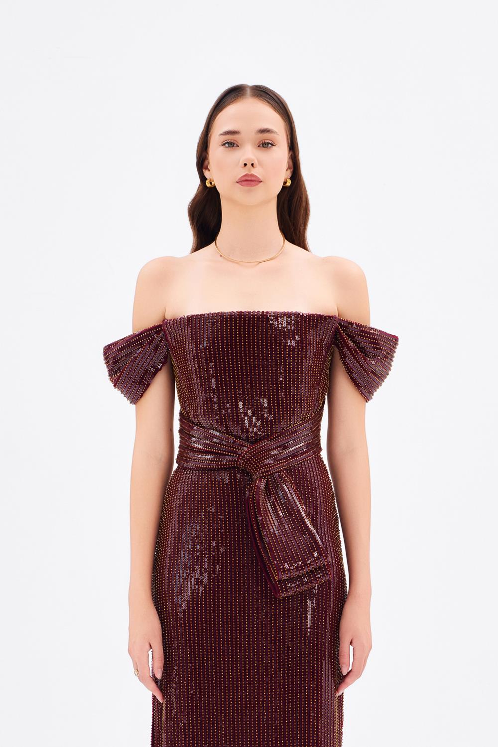 Fiyonk Detaylı Payetli Uzun Abiye Elbise - 9055C