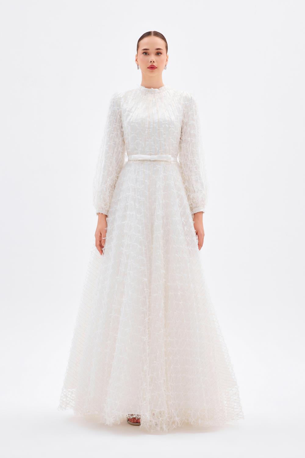 Fiyonklu Dantel Kumaş Uzun Kollu Uzun Abiye Elbise - 9194C