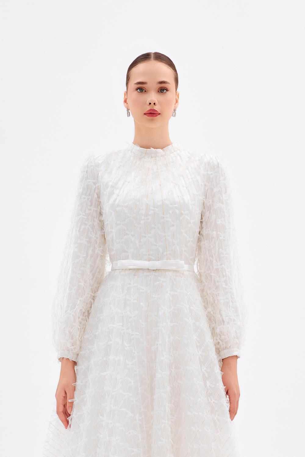 Fiyonklu Dantel Kumaş Uzun Kollu Uzun Abiye Elbise - 9194C