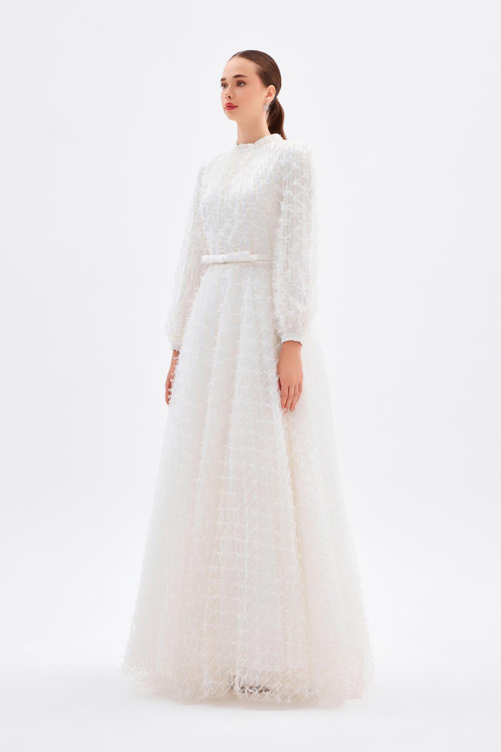 Fiyonklu Dantel Kumaş Uzun Kollu Uzun Abiye Elbise - 9194C