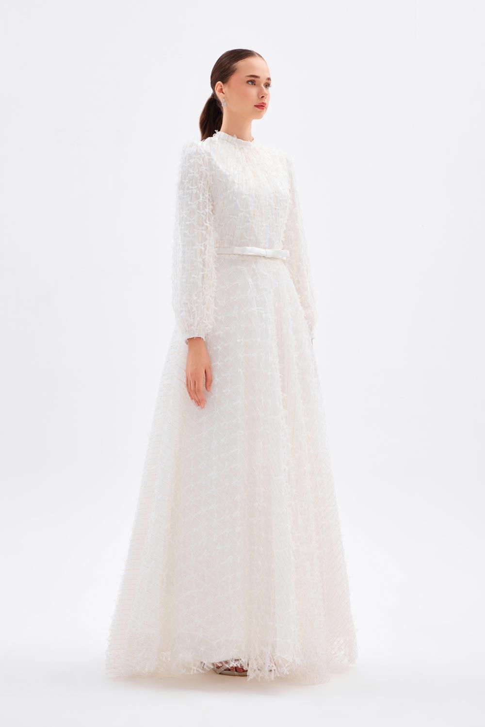 Fiyonklu Dantel Kumaş Uzun Kollu Uzun Abiye Elbise - 9194C