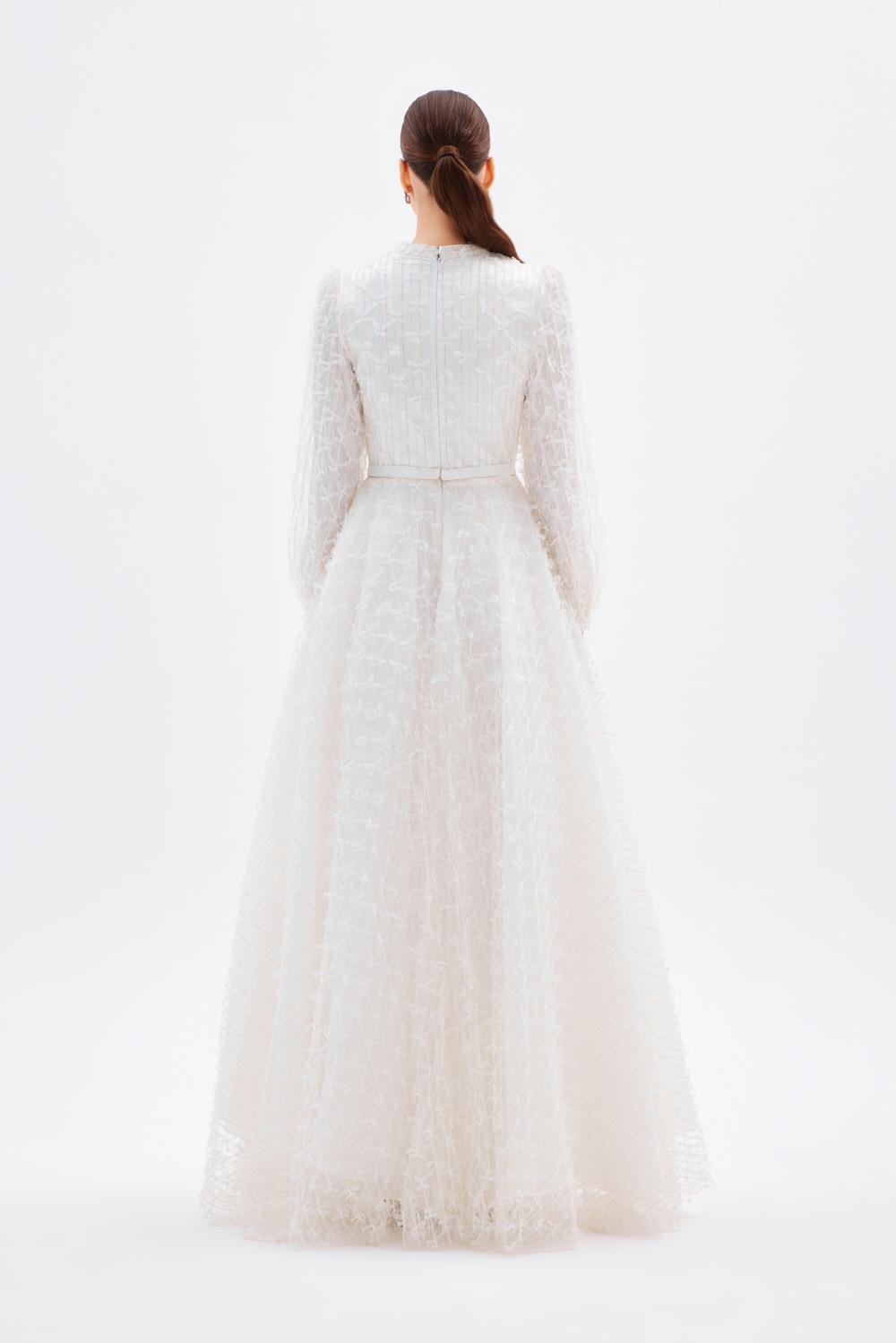 Fiyonklu Dantel Kumaş Uzun Kollu Uzun Abiye Elbise - 9194C