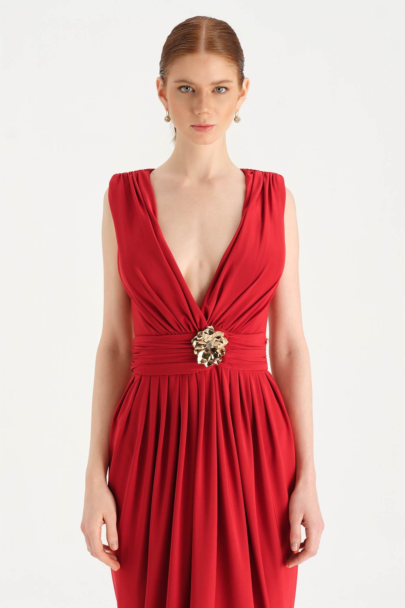 Front Slit Evening Dress with Brooch Detail - 26157C