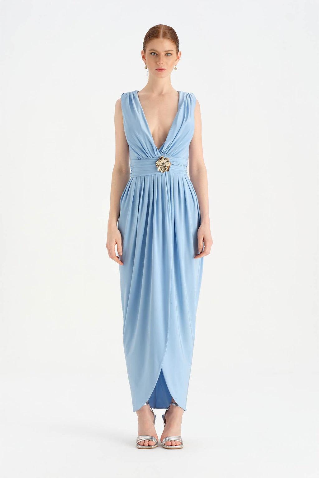 Front Slit Evening Dress with Brooch Detail - 26157C