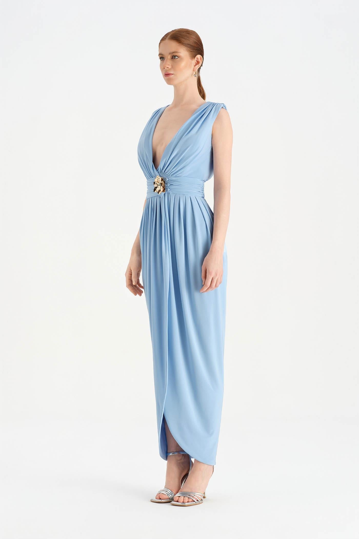 Front Slit Evening Dress with Brooch Detail - 26157C