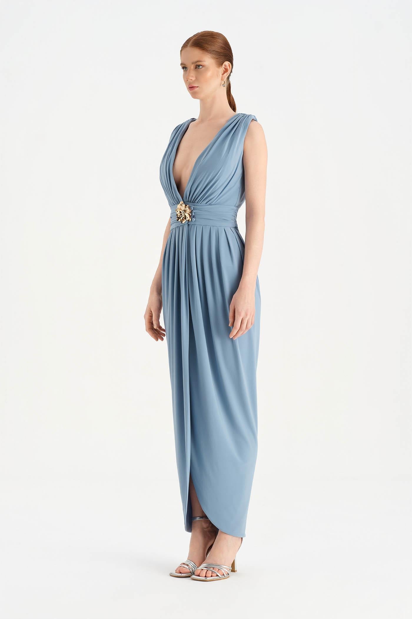 Front Slit Evening Dress with Brooch Detail - 26157C