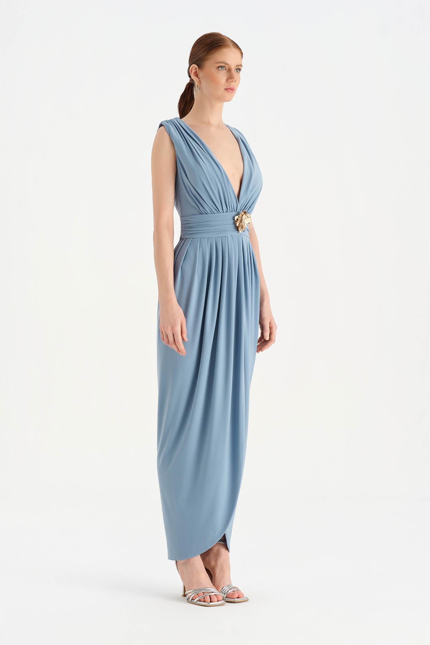 Front Slit Evening Dress with Brooch Detail - 26157C