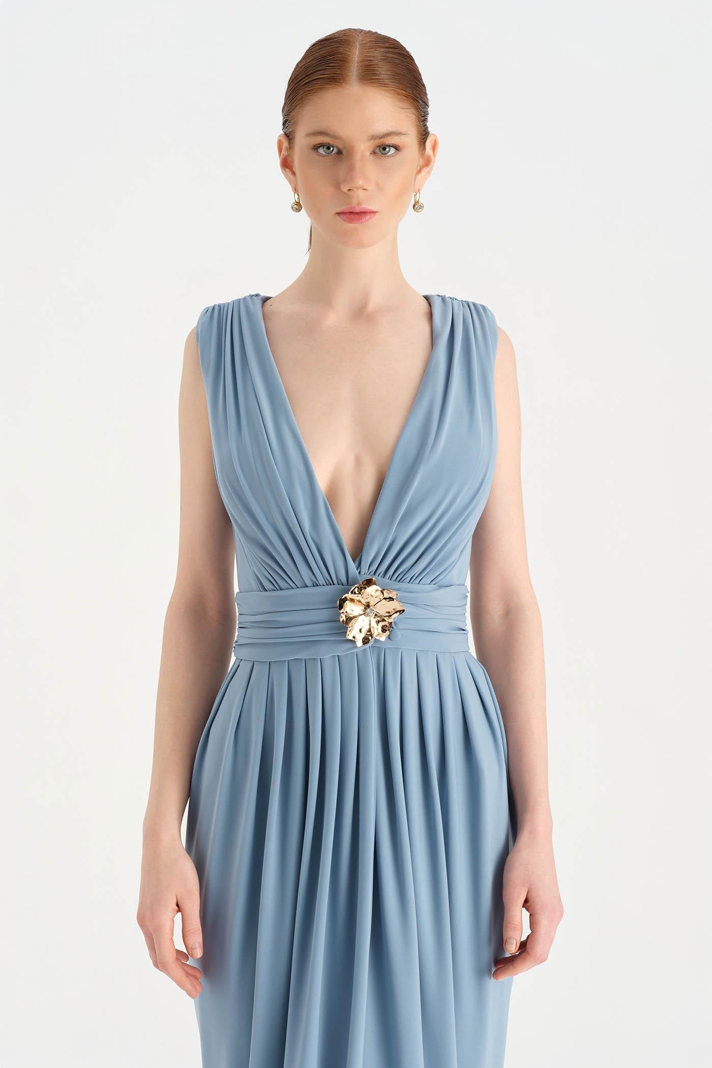 Front Slit Evening Dress with Brooch Detail - 26157C