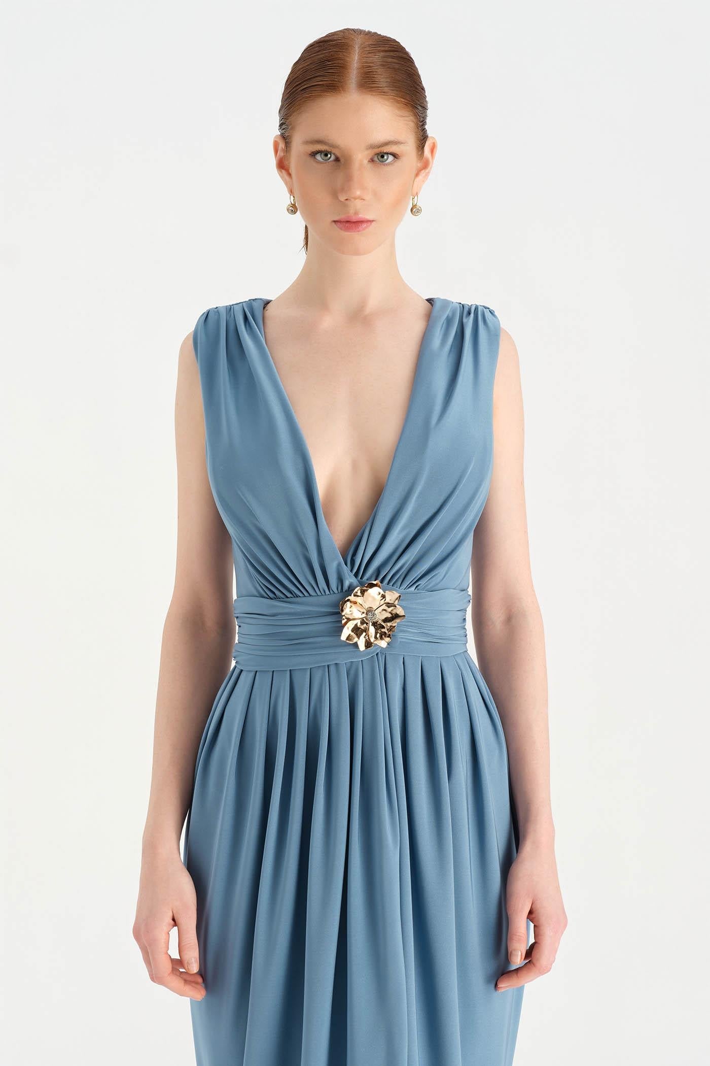 Front Slit Evening Dress with Brooch Detail - 26157C