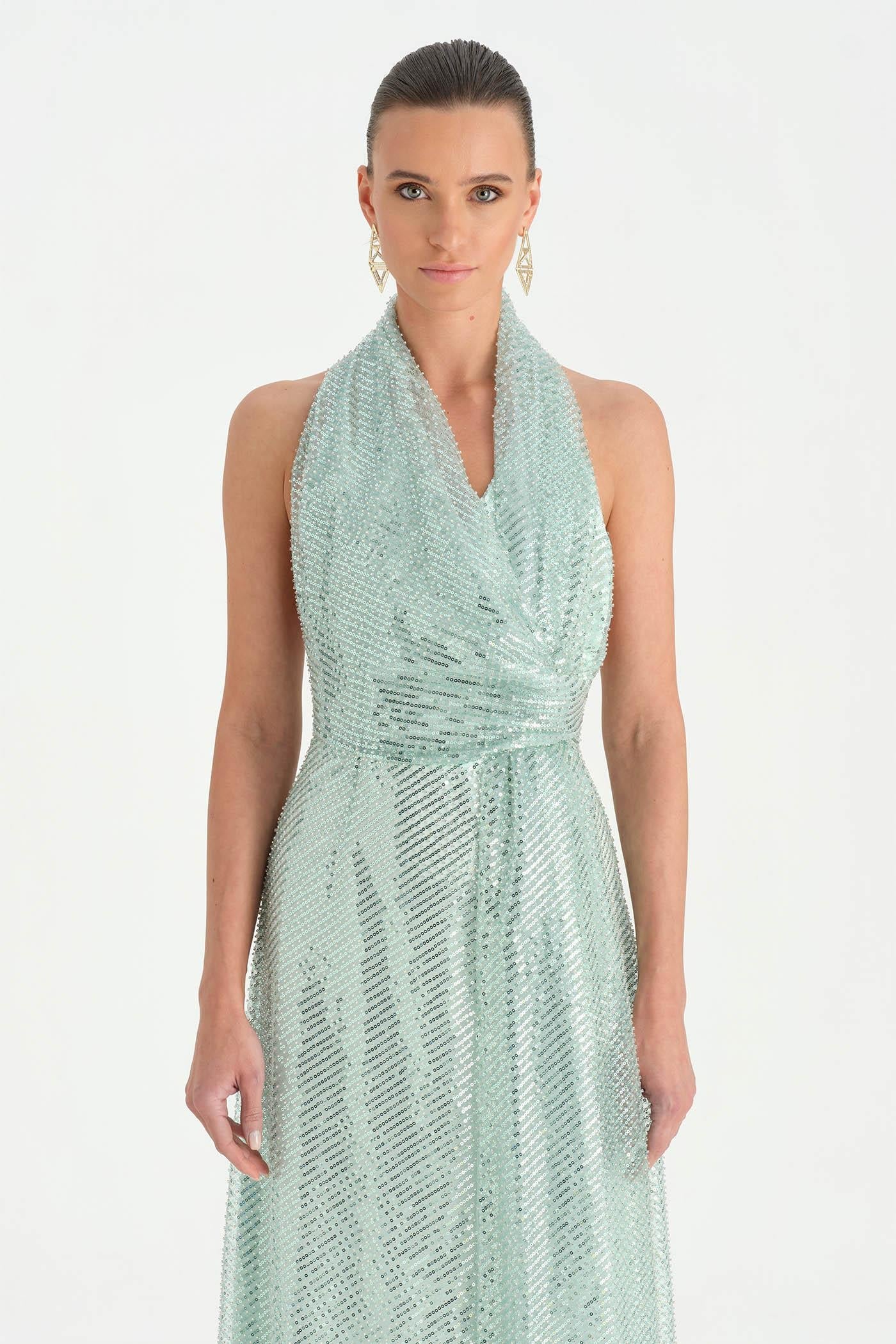 Halter Neck Long Evening Dress with Beaded Waist Detail - 26050C