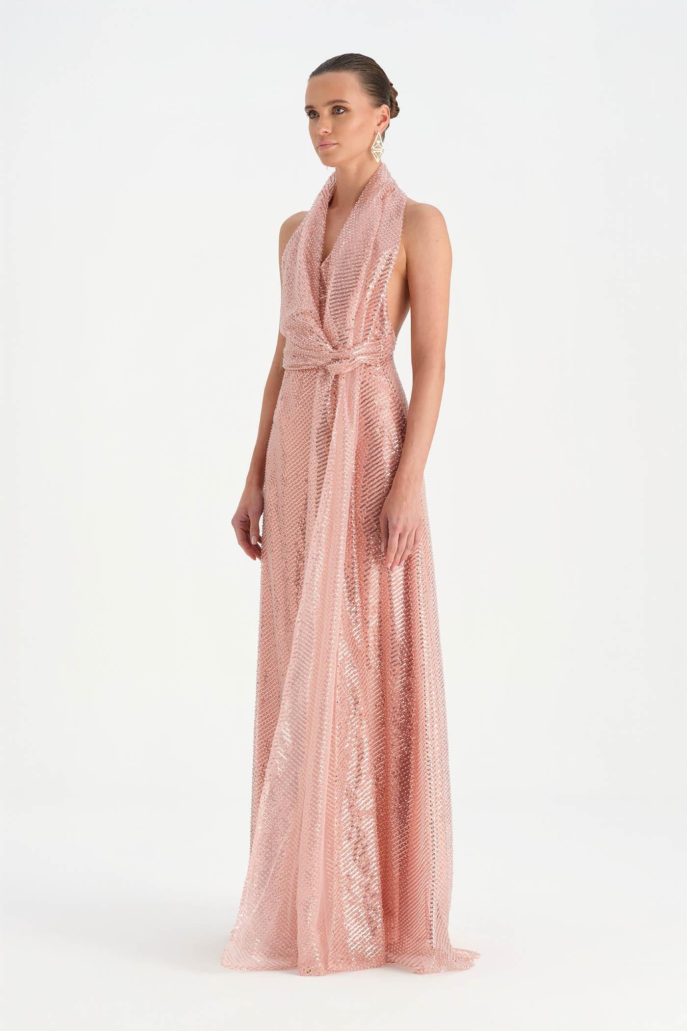 Halter Neck Long Evening Dress with Beaded Waist Detail - 26050C