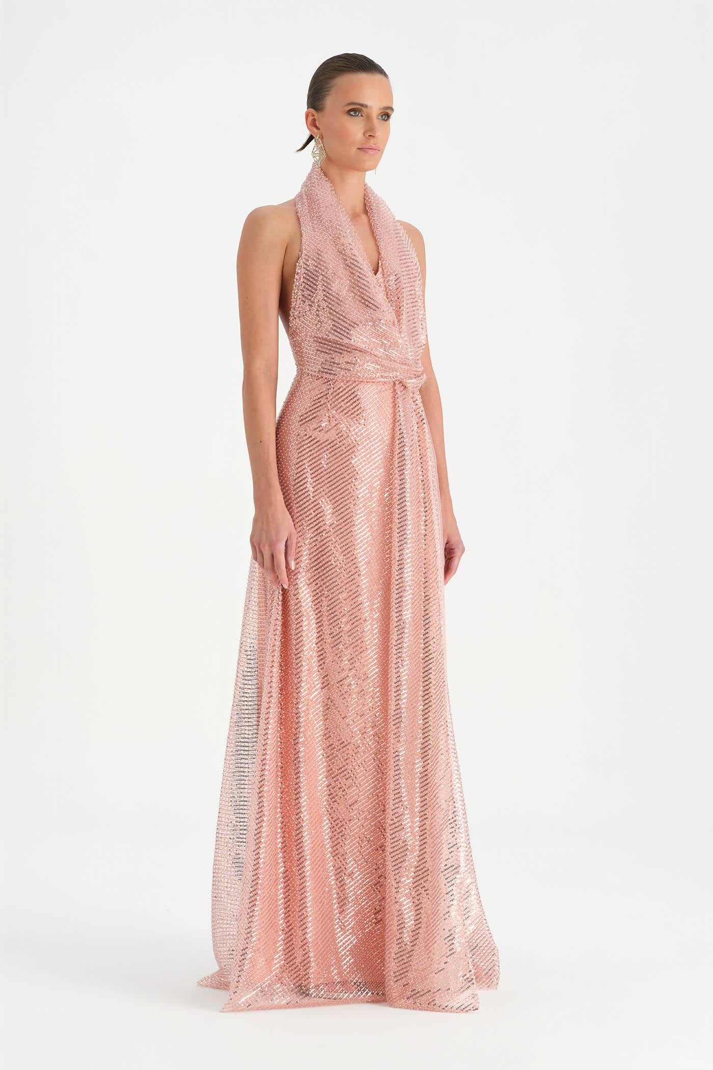 Halter Neck Long Evening Dress with Beaded Waist Detail - 26050C