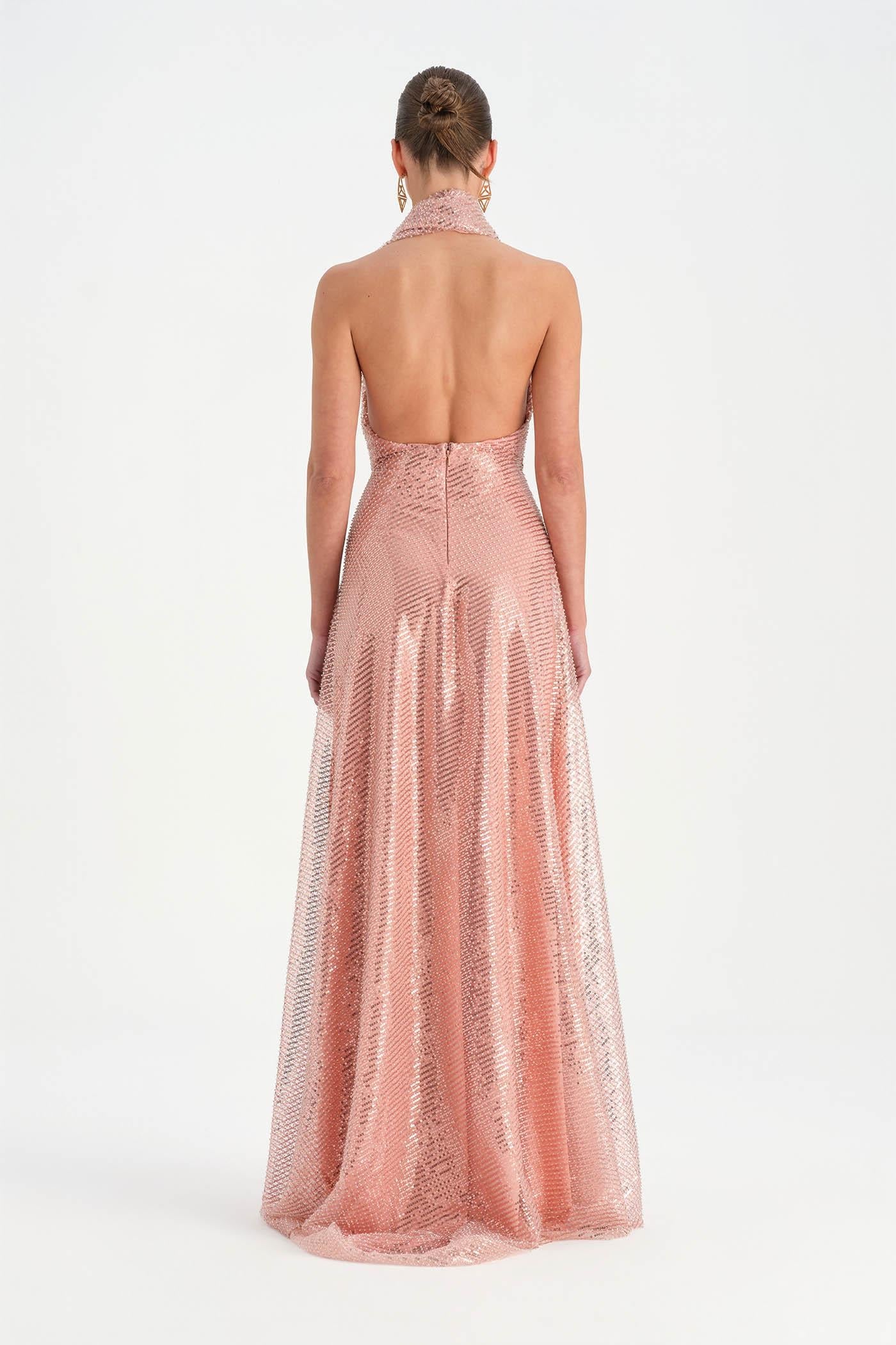 Halter Neck Long Evening Dress with Beaded Waist Detail - 26050C