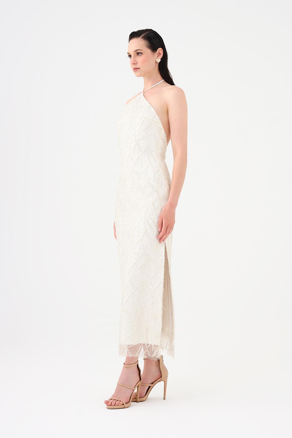 İnci Detaylı Halter Yaka Midi Abiye Elbise - 9150C