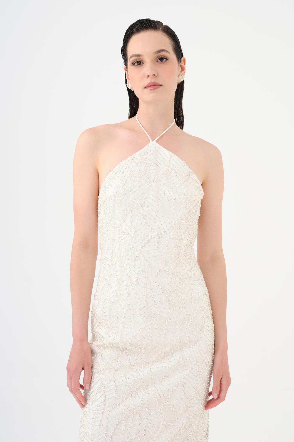 İnci Detaylı Halter Yaka Midi Abiye Elbise - 9150C