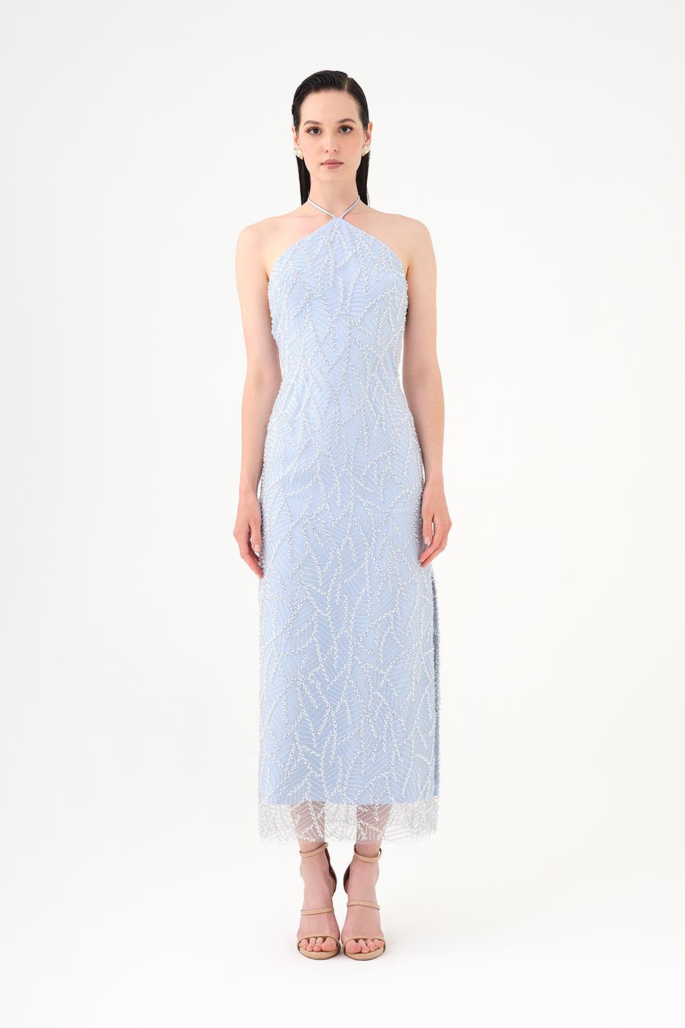 İnci Detaylı Halter Yaka Midi Abiye Elbise - 9150C