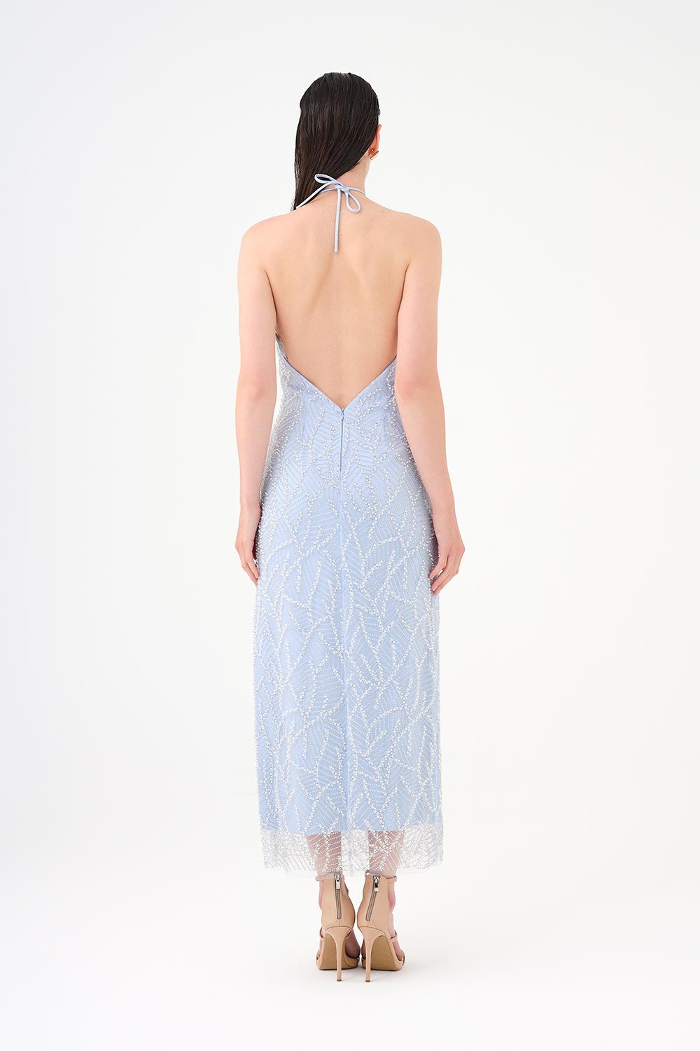 İnci Detaylı Halter Yaka Midi Abiye Elbise - 9150C