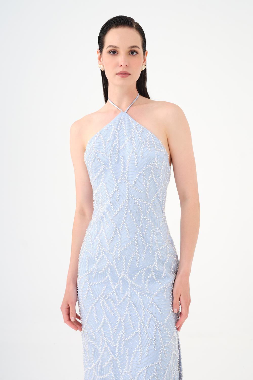 İnci Detaylı Halter Yaka Midi Abiye Elbise - 9150C