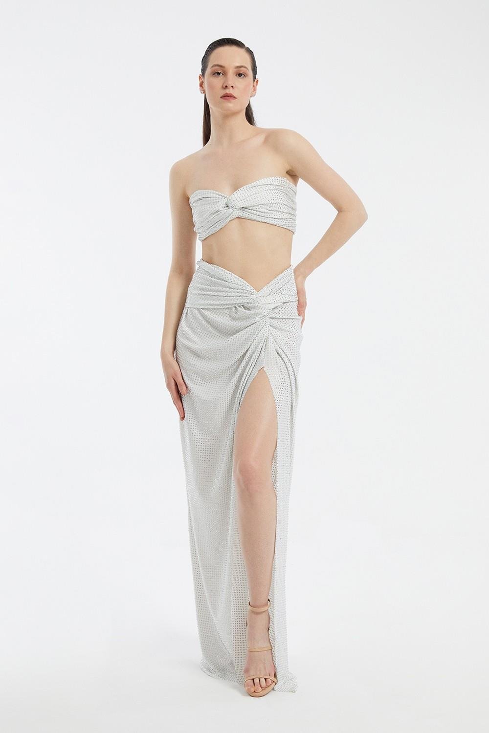 İşleme Kumaş Detaylı Yırtmaçlı Etek Büstiyer Takım - 3006C