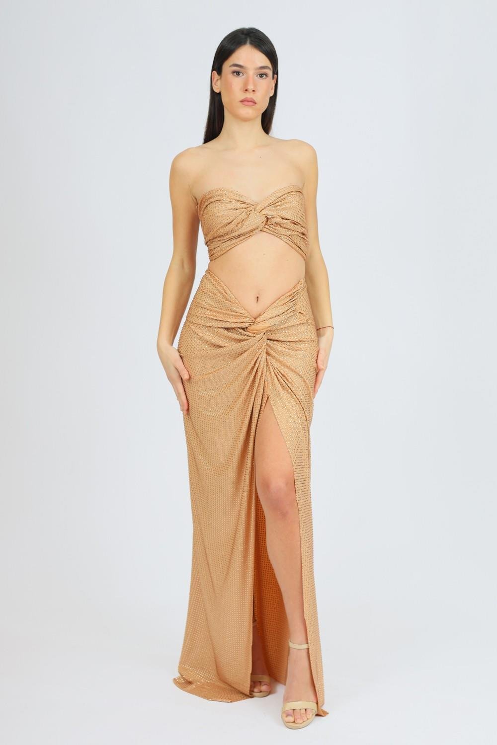 İşleme Kumaş Detaylı Yırtmaçlı Etek Büstiyer Takım - 3006C