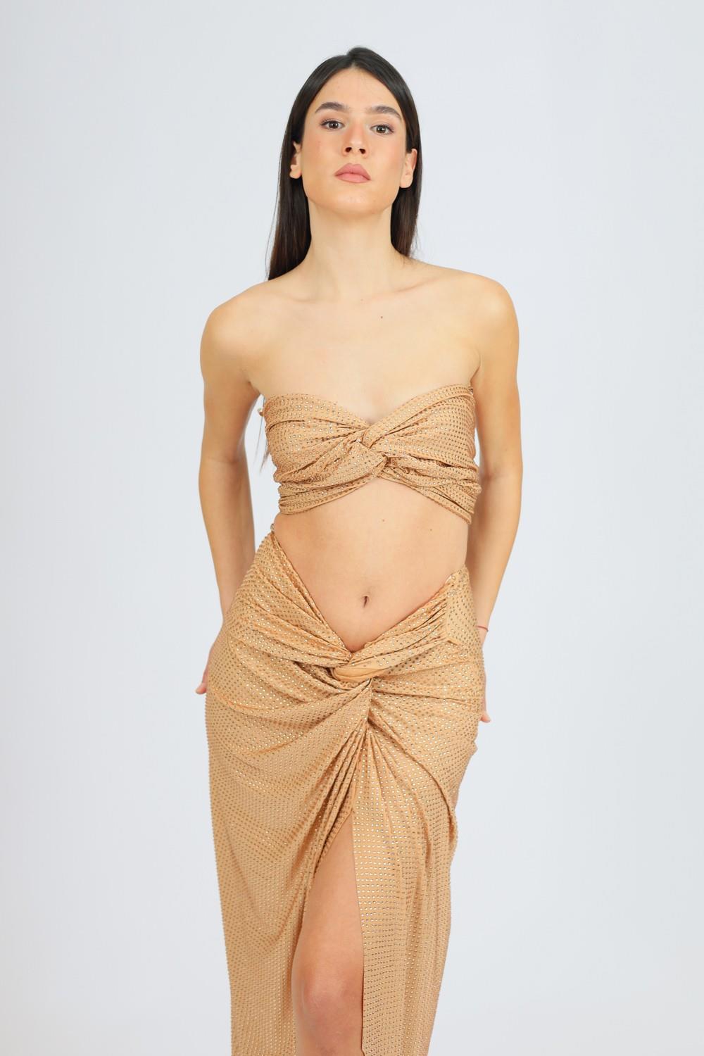 İşleme Kumaş Detaylı Yırtmaçlı Etek Büstiyer Takım - 3006C