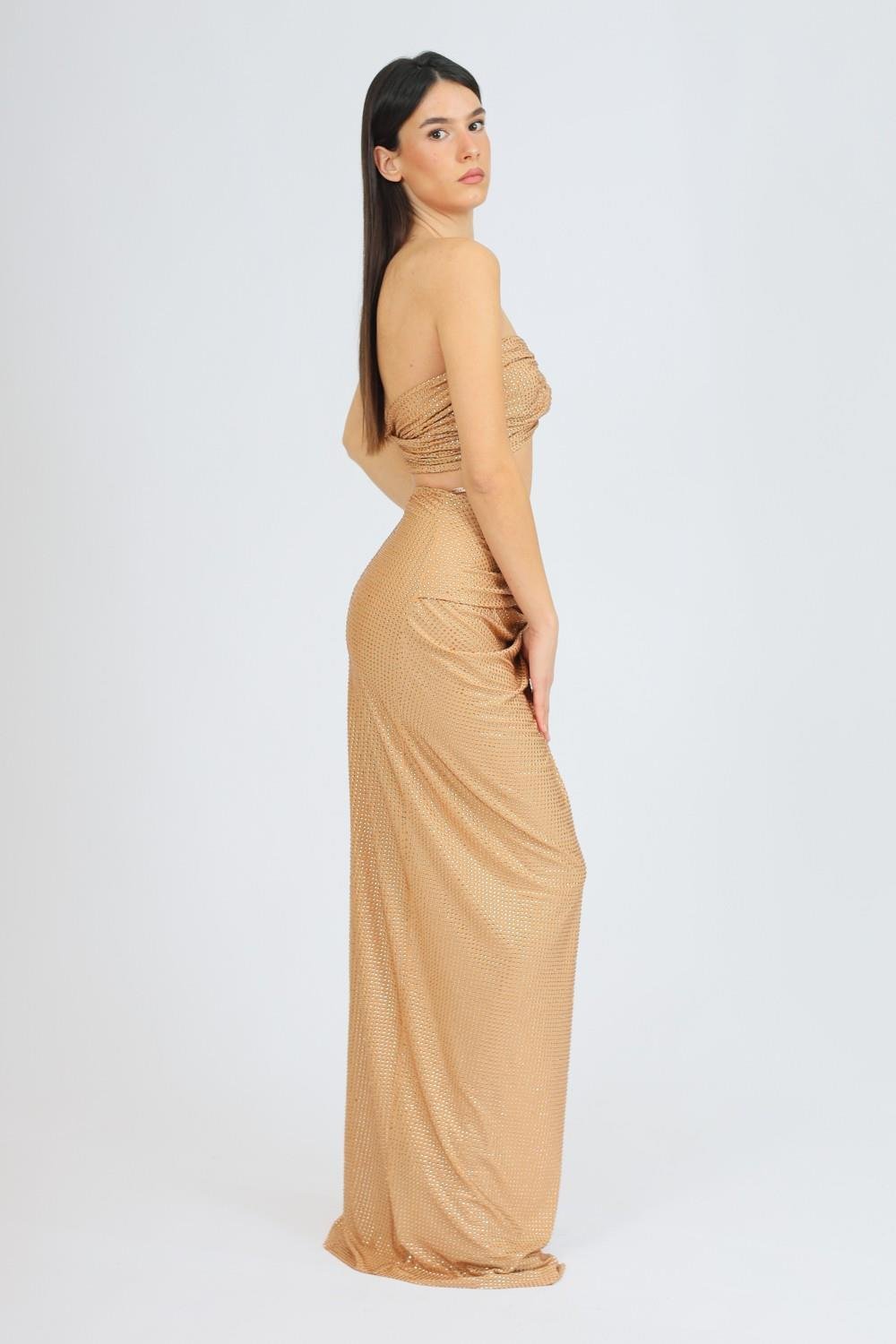 İşleme Kumaş Detaylı Yırtmaçlı Etek Büstiyer Takım - 3006C