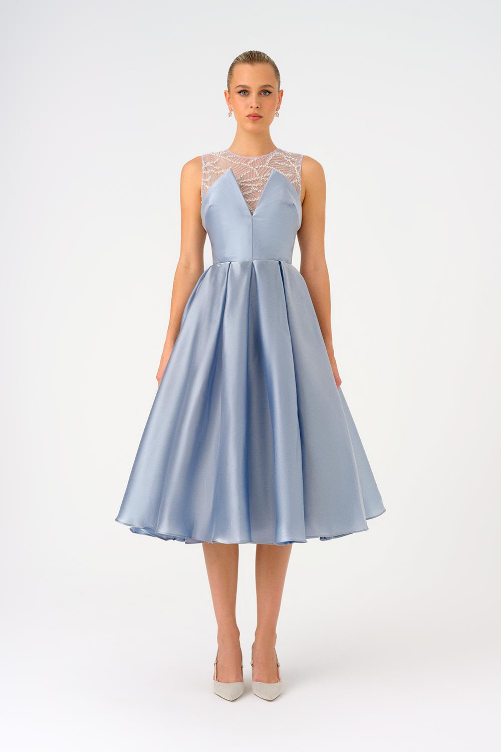 İşlemeli Prenses Kesim Saten Midi Abiye Elbise - 9135C