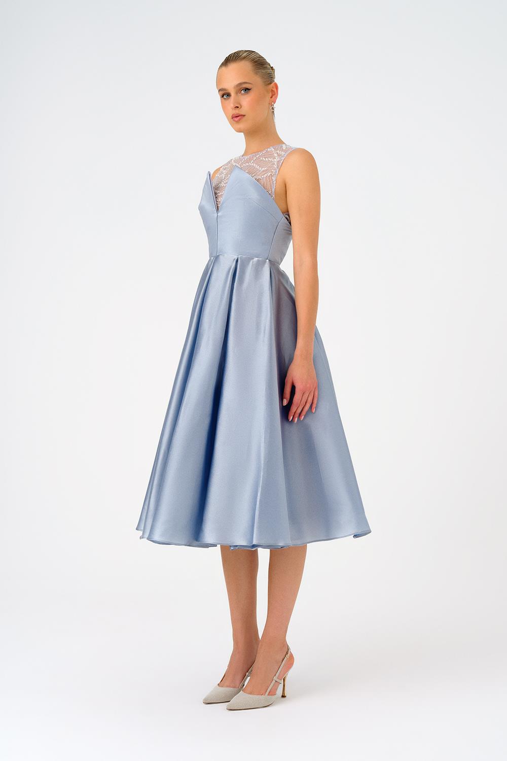 İşlemeli Prenses Kesim Saten Midi Abiye Elbise - 9135C