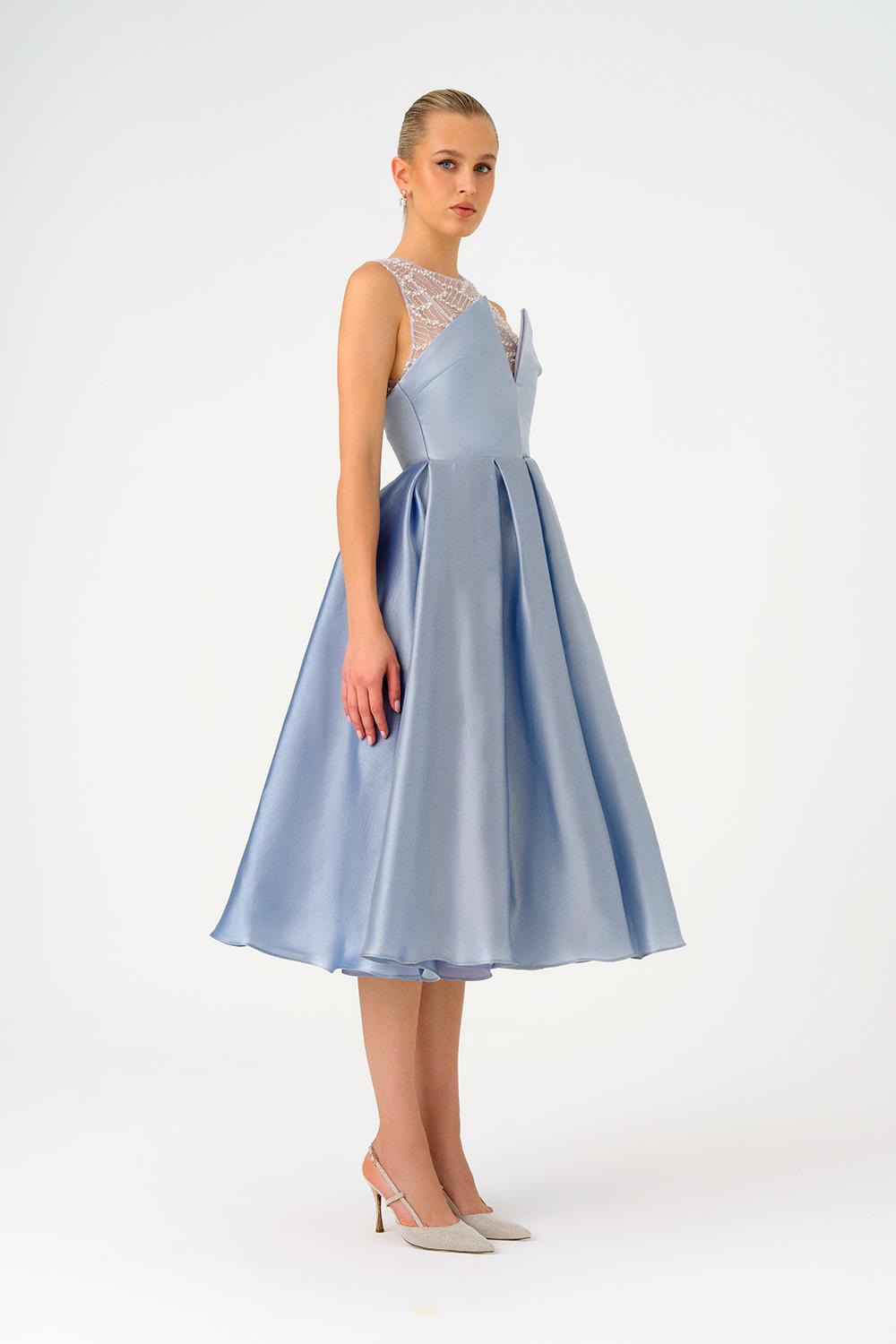 İşlemeli Prenses Kesim Saten Midi Abiye Elbise - 9135C