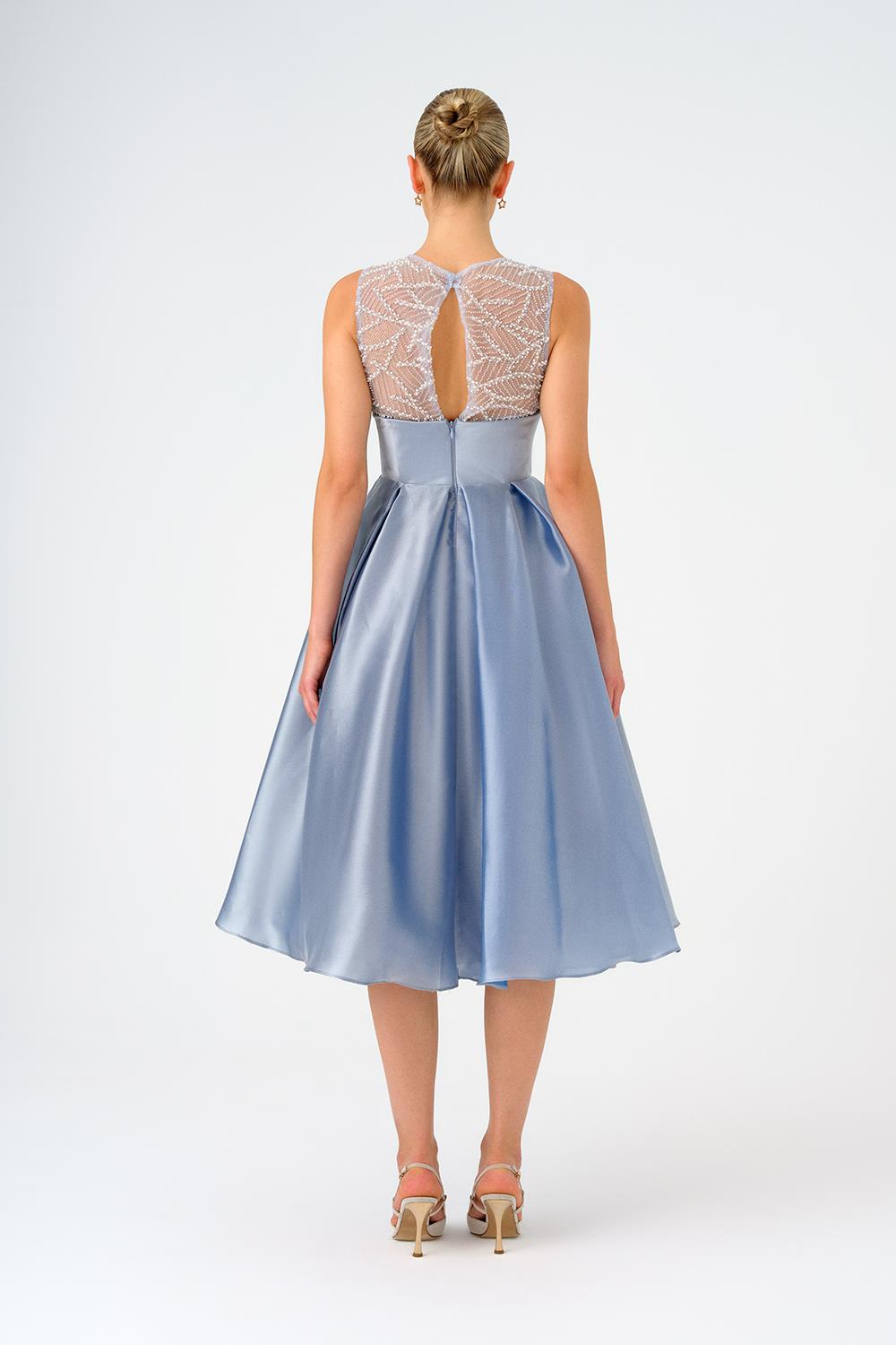 İşlemeli Prenses Kesim Saten Midi Abiye Elbise - 9135C