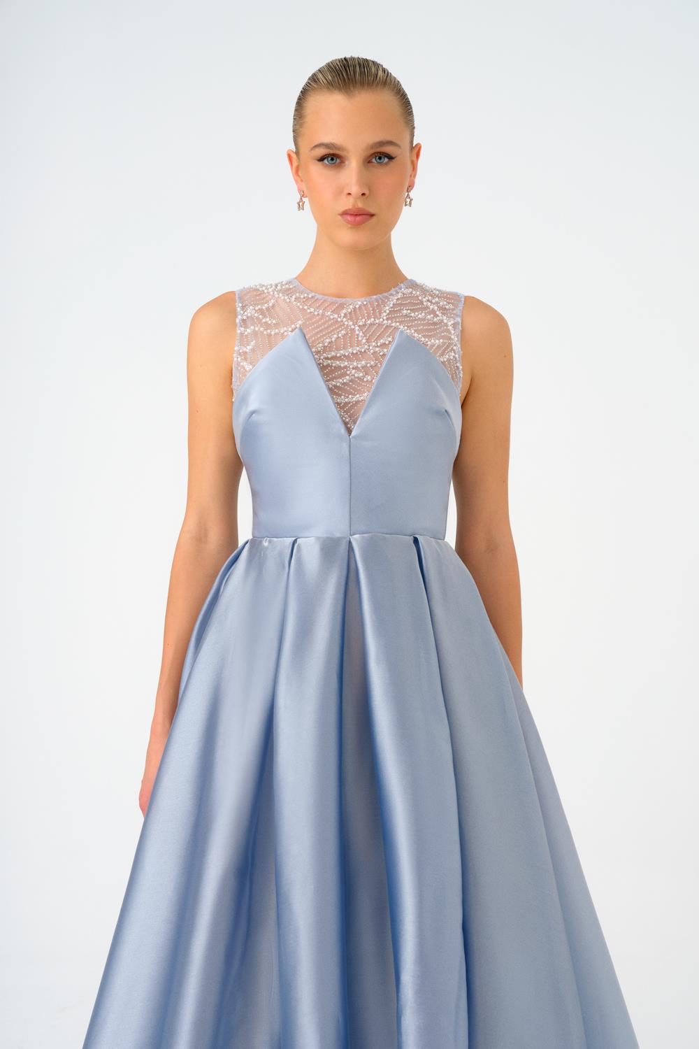 İşlemeli Prenses Kesim Saten Midi Abiye Elbise - 9135C